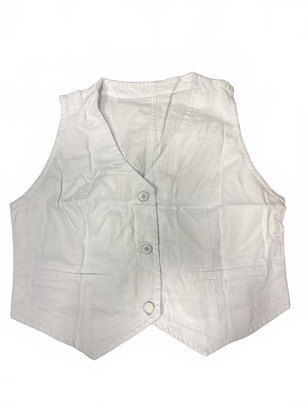 Womens White Denim Vest Button Down V-Neck Cropped Jean Waistcoat Size L